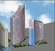 3-D AutoCAD rendering of the residential towers of the Detroit Technological Complex.