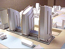 Model of the office towers of the Detroit Technological Complex.