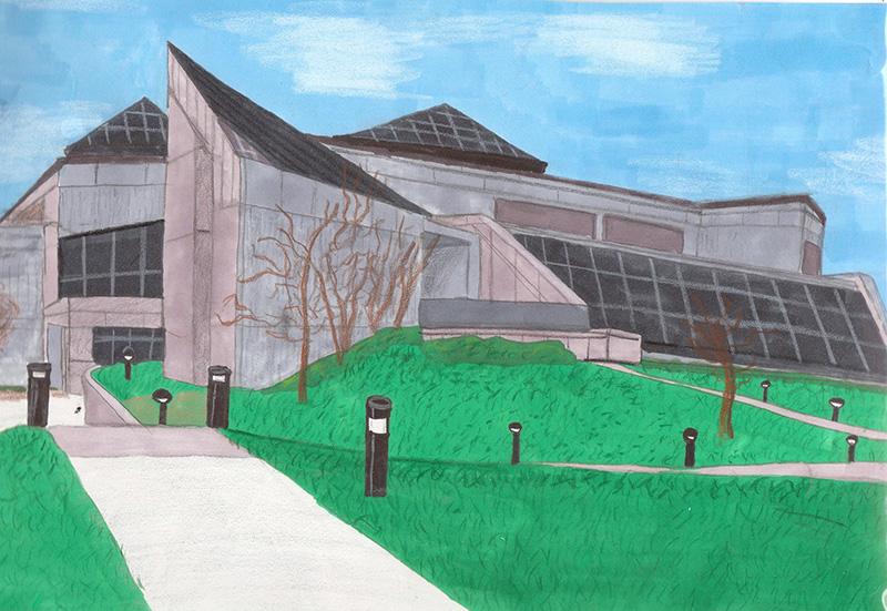 This is a free-hand rendering of the Buell Building at the Lawrence Technological University campus in Southfield, Michigan. Done with markers and color pencils.
