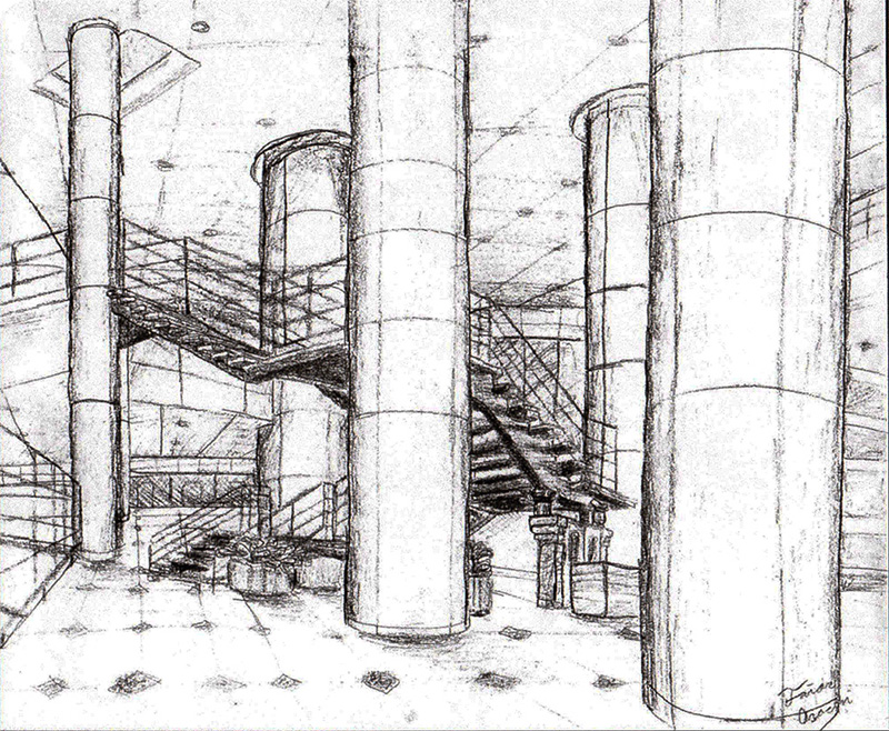 This is a sketch of the Southfield Town Center's hotel atrium, done with charcoal pencil.