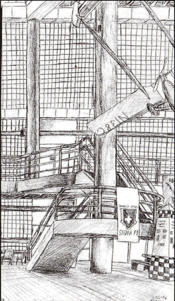 These are charcoal pencil sketches of the atrium of the Buell Building at Lawrence Technological University in Southfield, MI.
