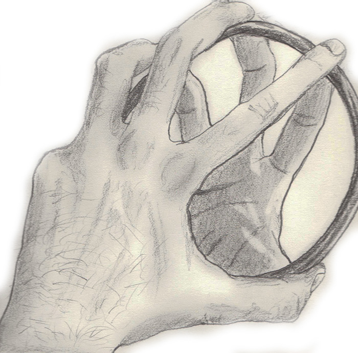 Charcoal pencil sketch of a hand holding a mirror.