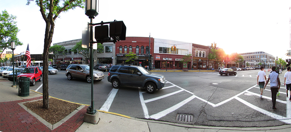 Composite photo of a street scene in Birmingham, Michigan.
